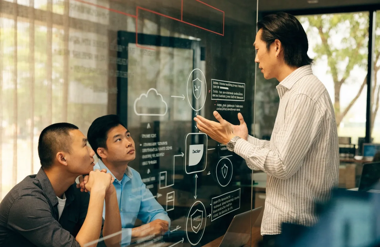 An Innosys Asia Technologies project stand-up in front of a wall of notes in the Singapore studio
