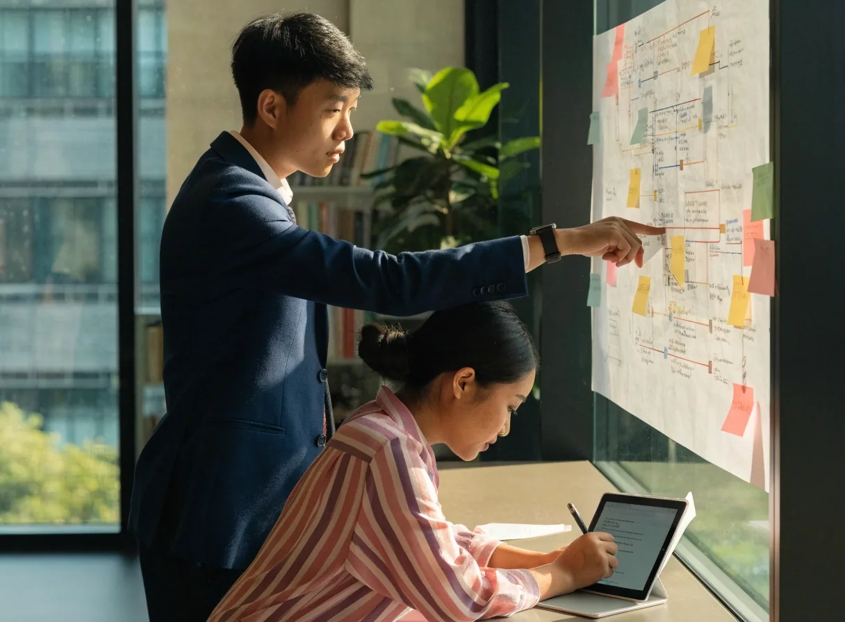 An operations manager and an Innosys Asia Technologies developer reviewing a business process at a Singapore office table