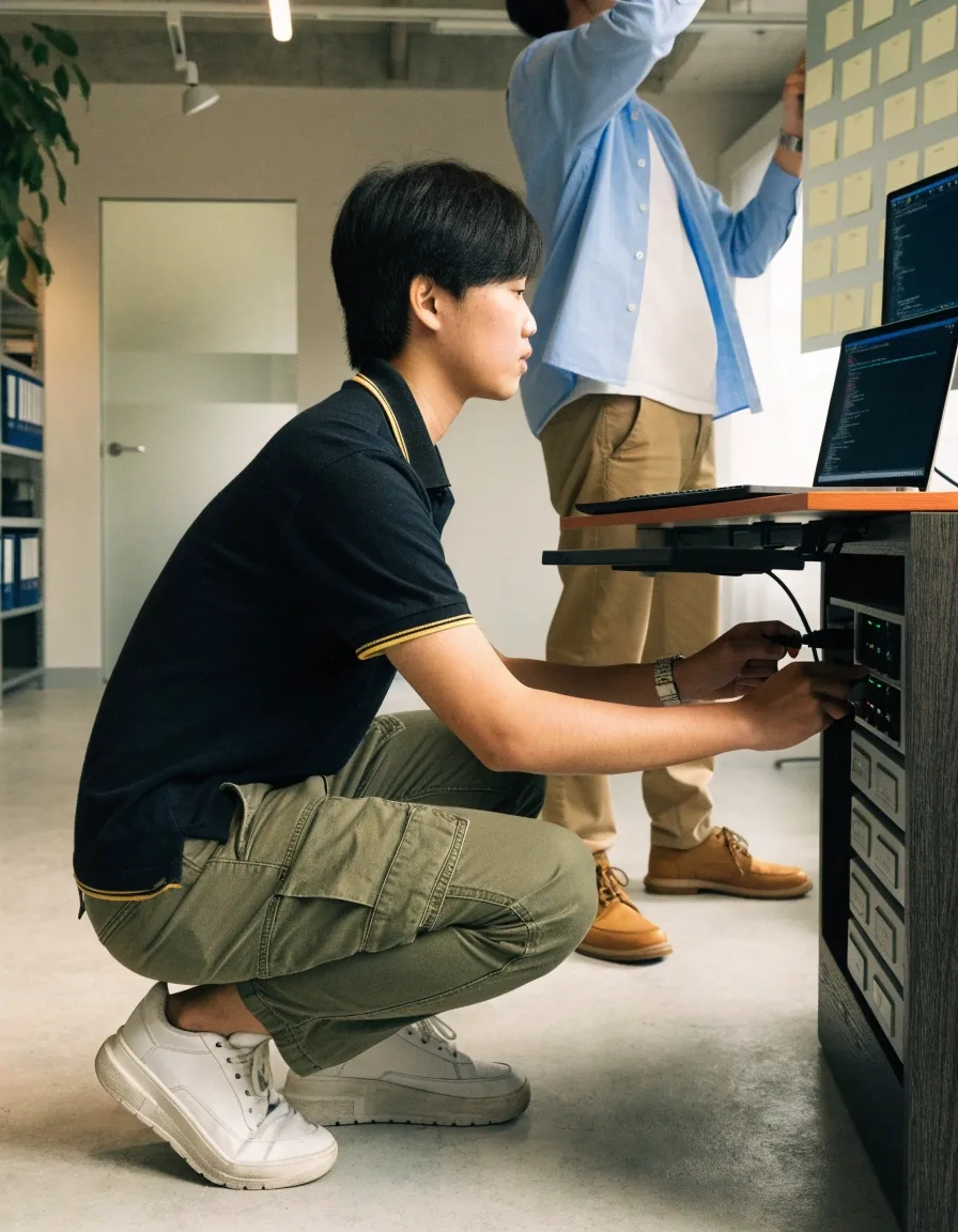 Developers and a designer working at long desks in the Innosys Asia Technologies studio in Singapore