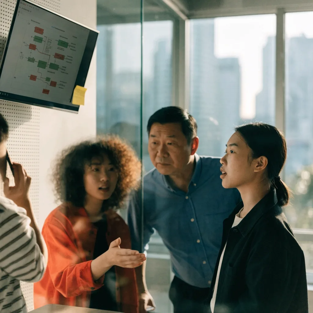 Two colleagues in a Singapore office reviewing a mobile app layout on a large angled display