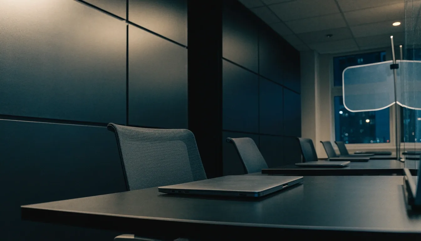 Empty desks and closed laptops in an IT consultancy office in Singapore