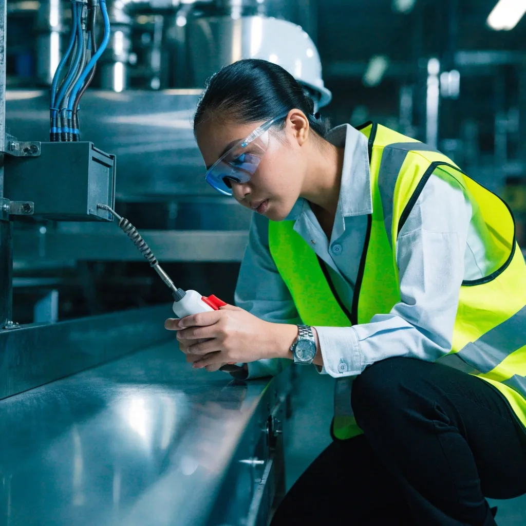 Maintenance technician inspecting a production line with a rugged tablet on a factory floor