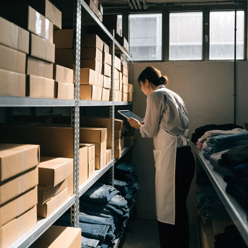 Retail staff member checking stock shelves while holding a tablet in a stockroom