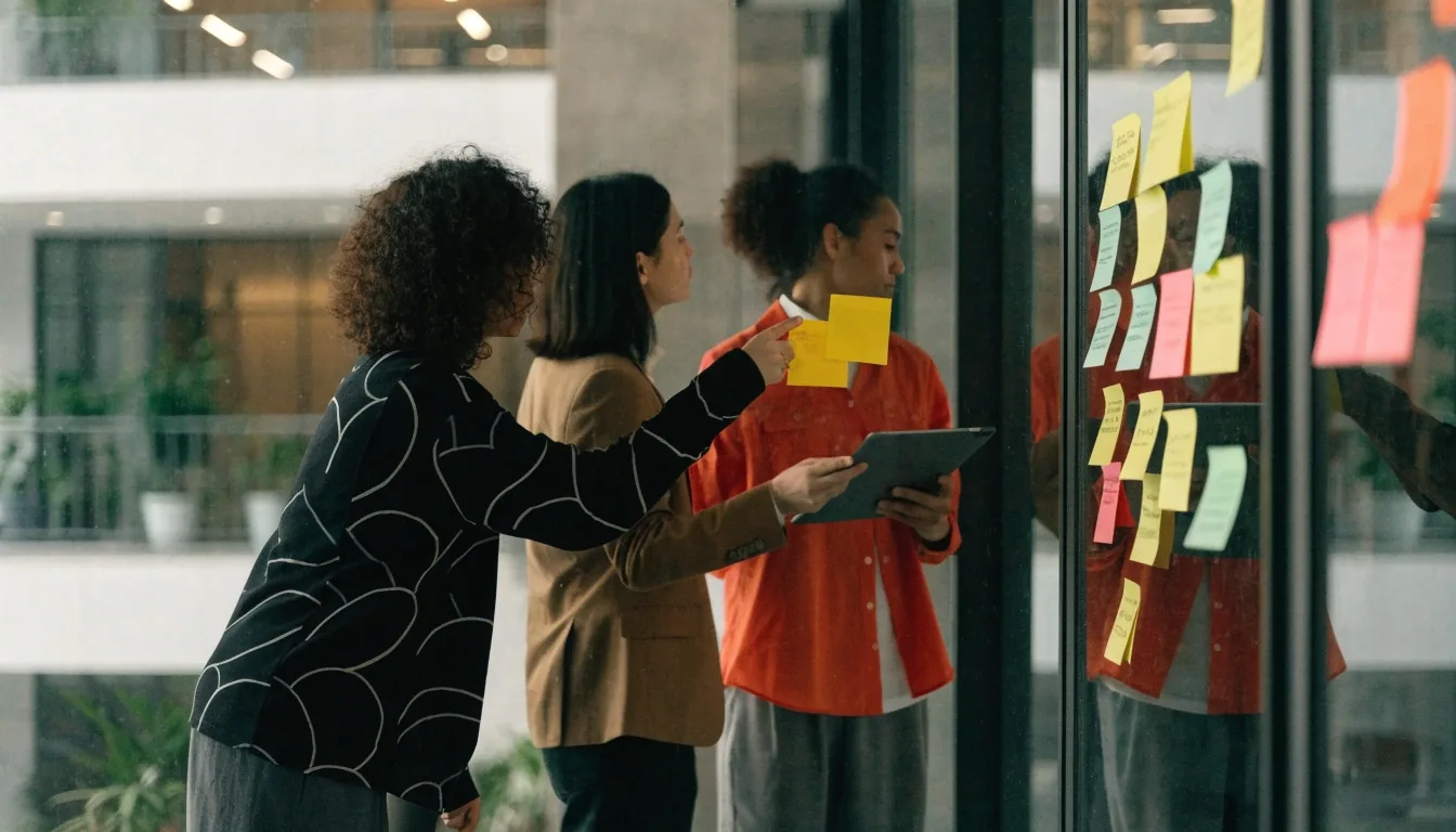 Team workspace with printed process notes and a laptop during an industry discovery session