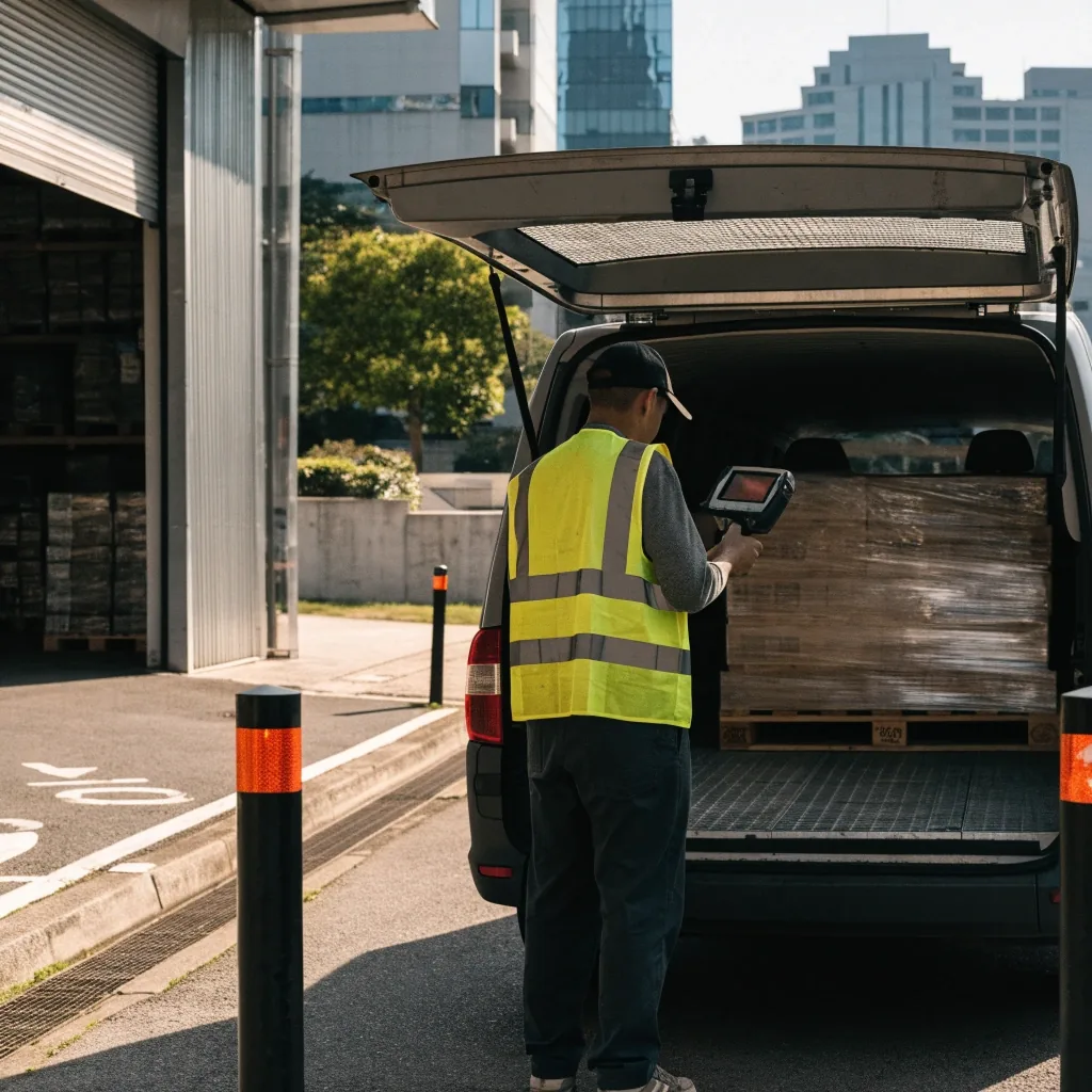 Warehouse worker at a loading bay holding a handheld scanner beside a delivery van
