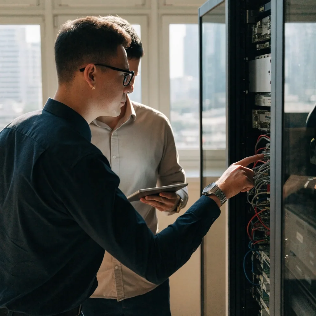 Engineers reviewing legacy system infrastructure during an audit