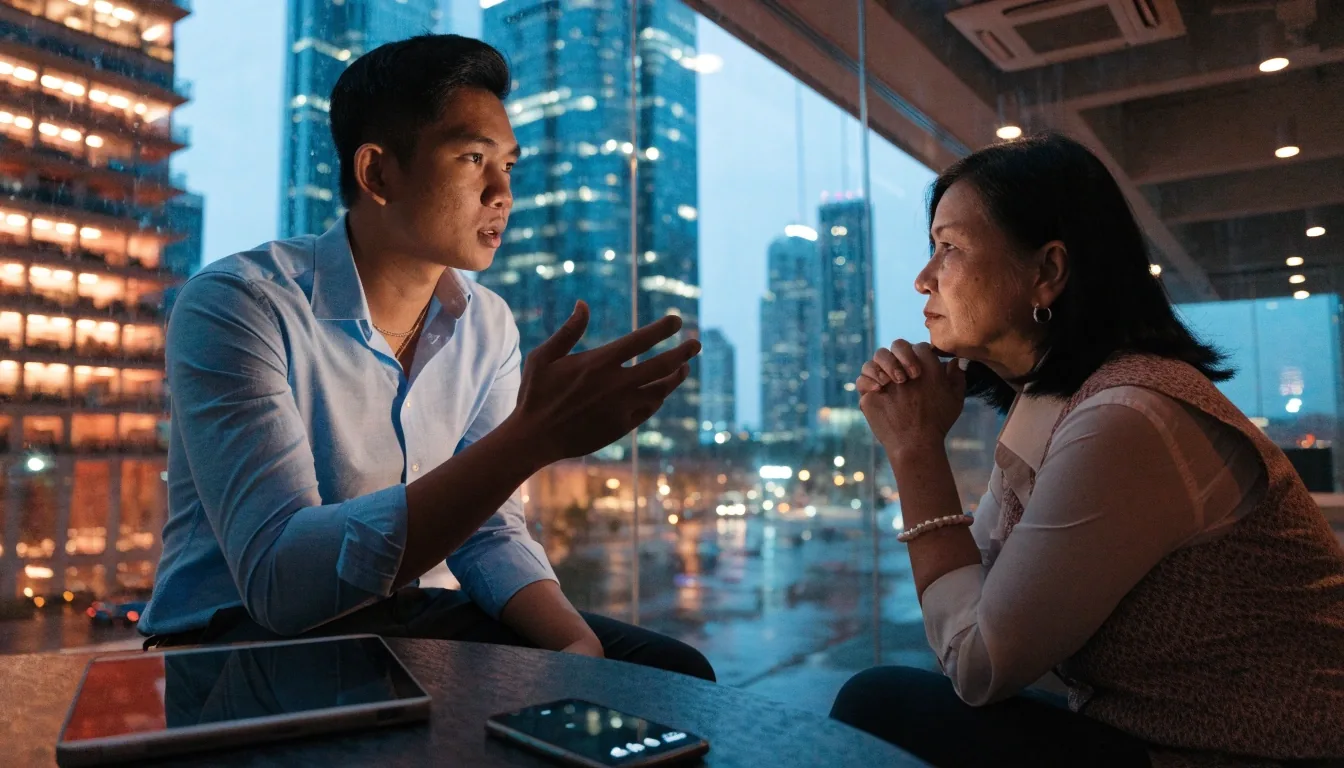 Evening view of a Singapore business district street with lit office towers