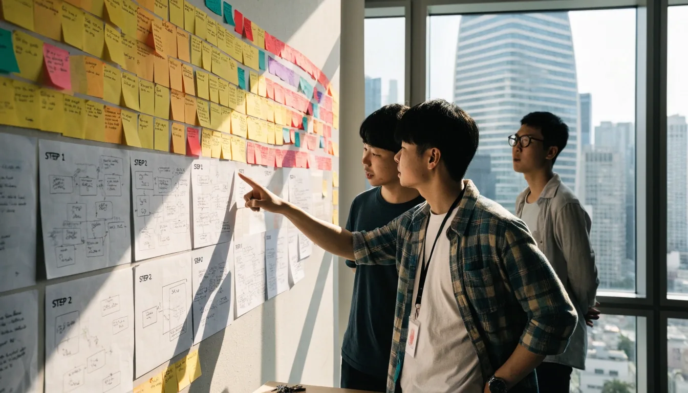 Delivery team reviewing a project plan on a wall of notes in a bright Singapore office