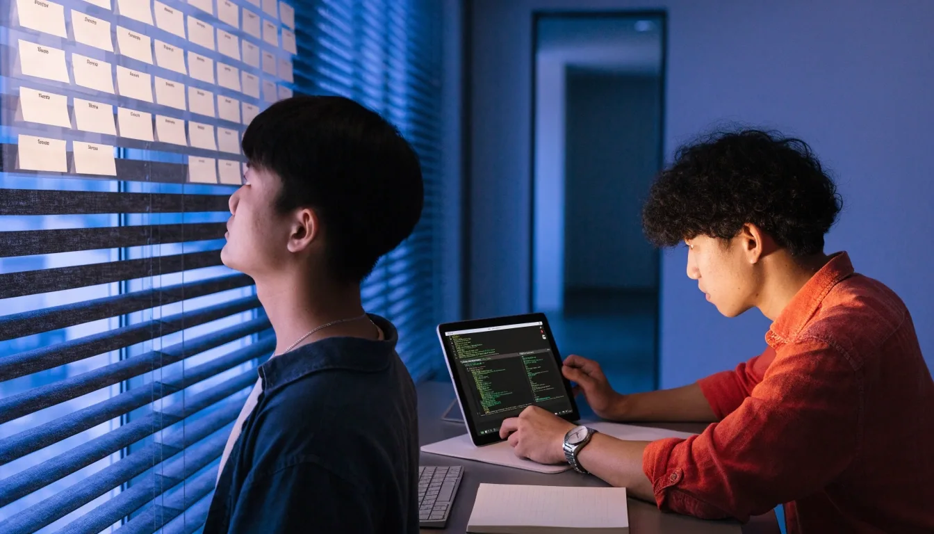 Engineers running through a release checklist during a scheduled evening deployment