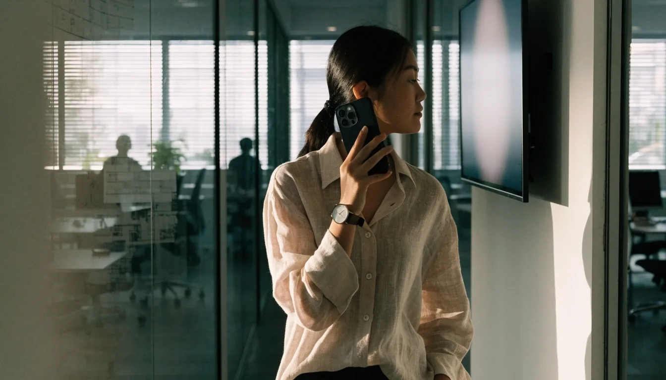 A woman testing a mobile app against a wall screen in a bright Singapore office corridor