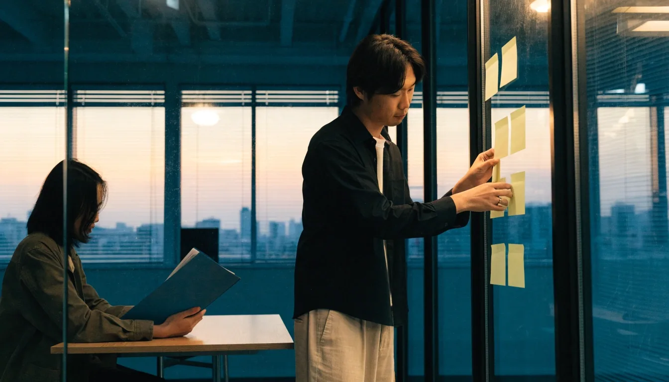 A Singapore meeting room set up with three document stacks for a project scoping session at dusk