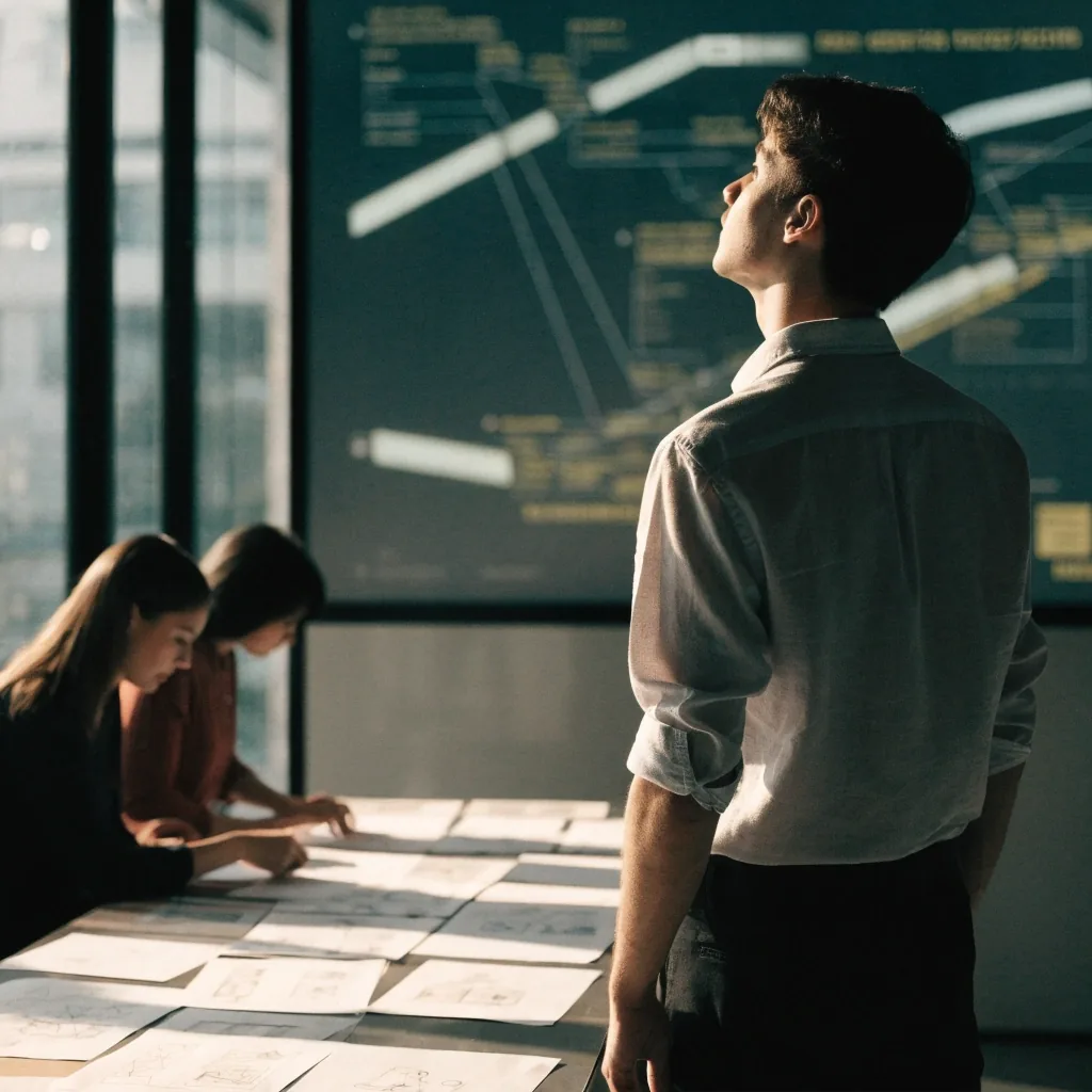 A software team in a Singapore studio sorting wireframes beside a wall display showing a blurred pipeline diagram