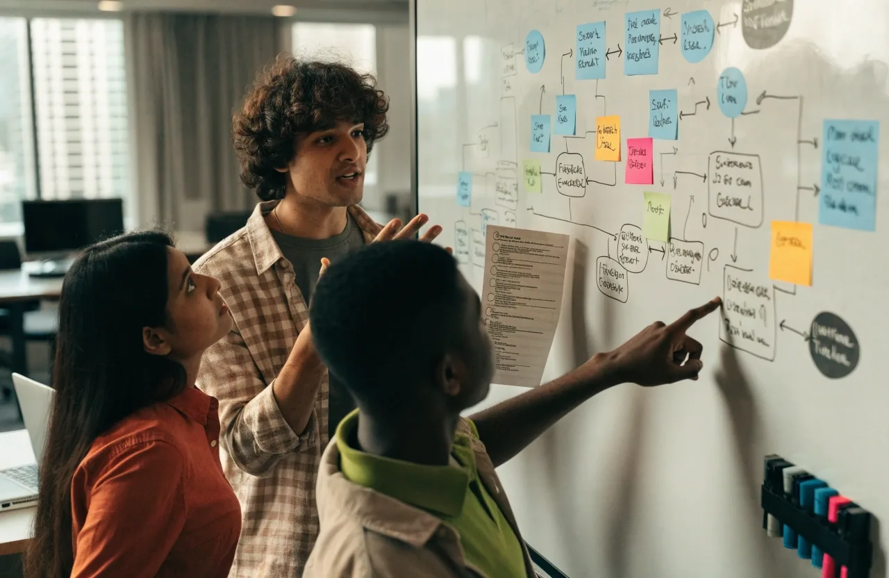 An operations team mapping a booking process on a whiteboard to replace a spreadsheet
