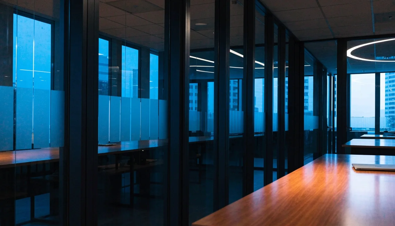 Quiet evening corridor and meeting room inside the Innosys Asia Technologies office in Singapore